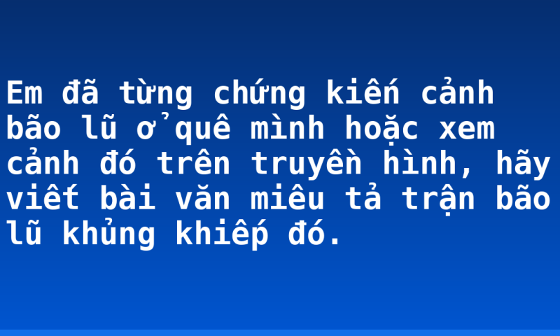 Em đã từng chứng kiến cảnh bão lũ ở quê mình hoặc xem cảnh đó trên truyền hình, hãy viết bài văn miêu tả trận bão lũ khủng khiếp đó.