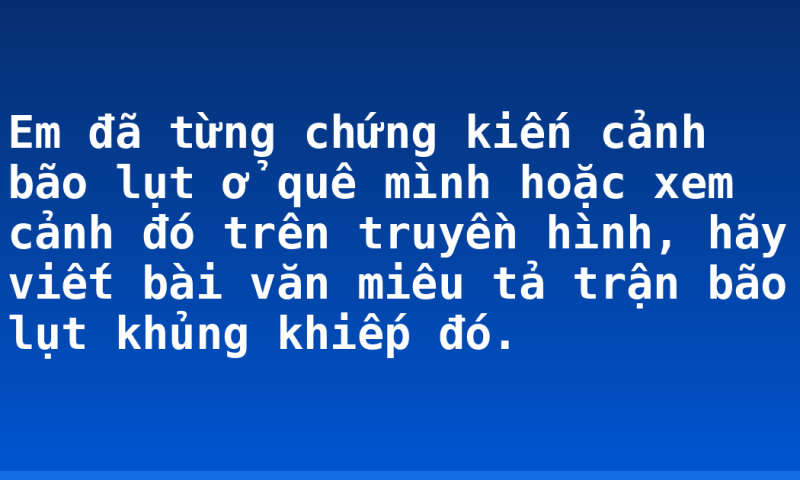 Em đã từng chứng kiến cảnh bão lụt ở quê mình hoặc xem cảnh đó trên truyền hình, hãy viết bài văn miêu tả trận bão lụt khủng khiếp đó.